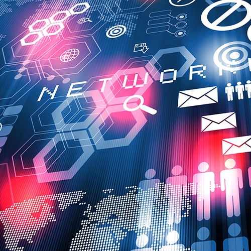 Visualisierung eines Netzwerks mit einer Lupe und Mail Icons